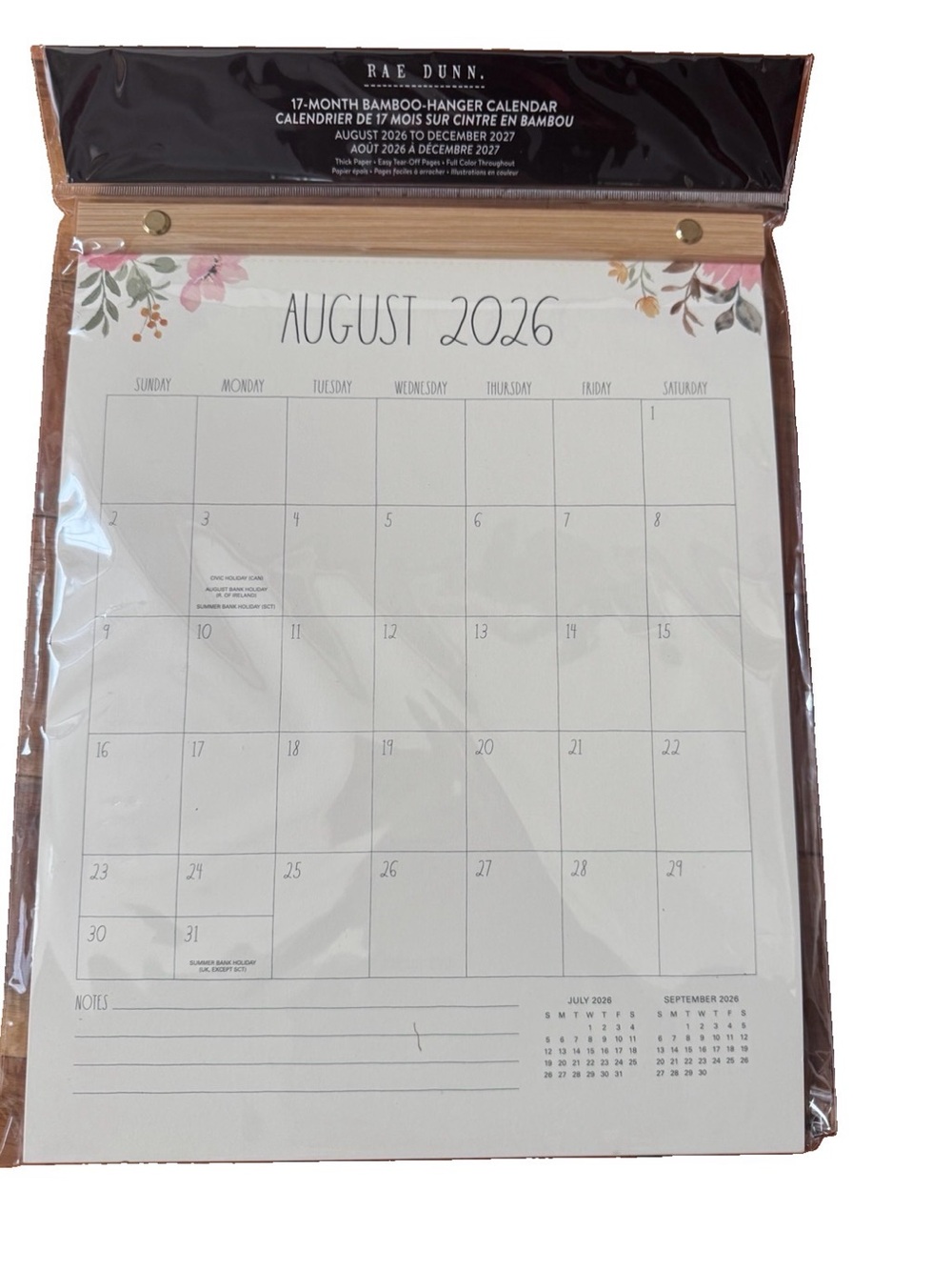 Rae Dunn Calendar 17-month 2027 Bamboo Hanger Calendar Flowers Design 13x10”
